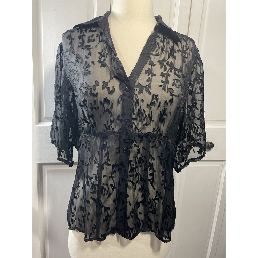 Sheer Black Floral Burnout Button-Front Top